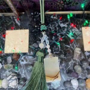 Green Tassel Keychain Or Car Accessory with Stone Pendant